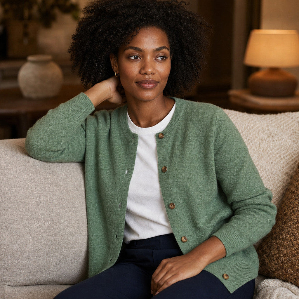 Niamh | Crew Neck Cardigan Button Front Green – Styled Editorial Shot