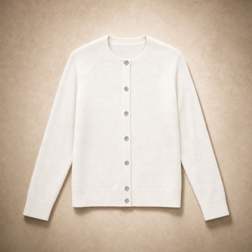 Niamh | Crew Neck Cardigan Button Front White – Product Photo