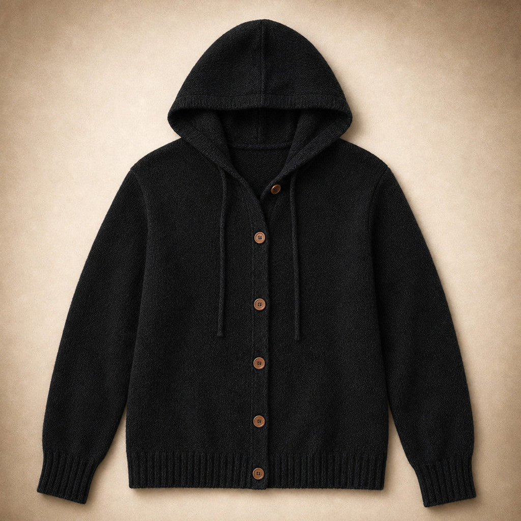 Nicoletta | Hooded Cardigan Drawcord Button-Front Black – Product Photo