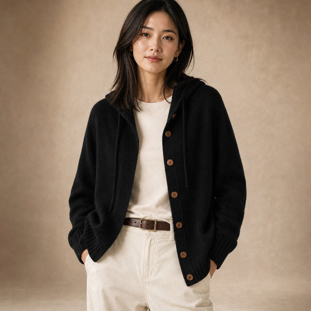 Nicoletta | Hooded Cardigan Drawcord Button-Front in Black – Premium Editorial