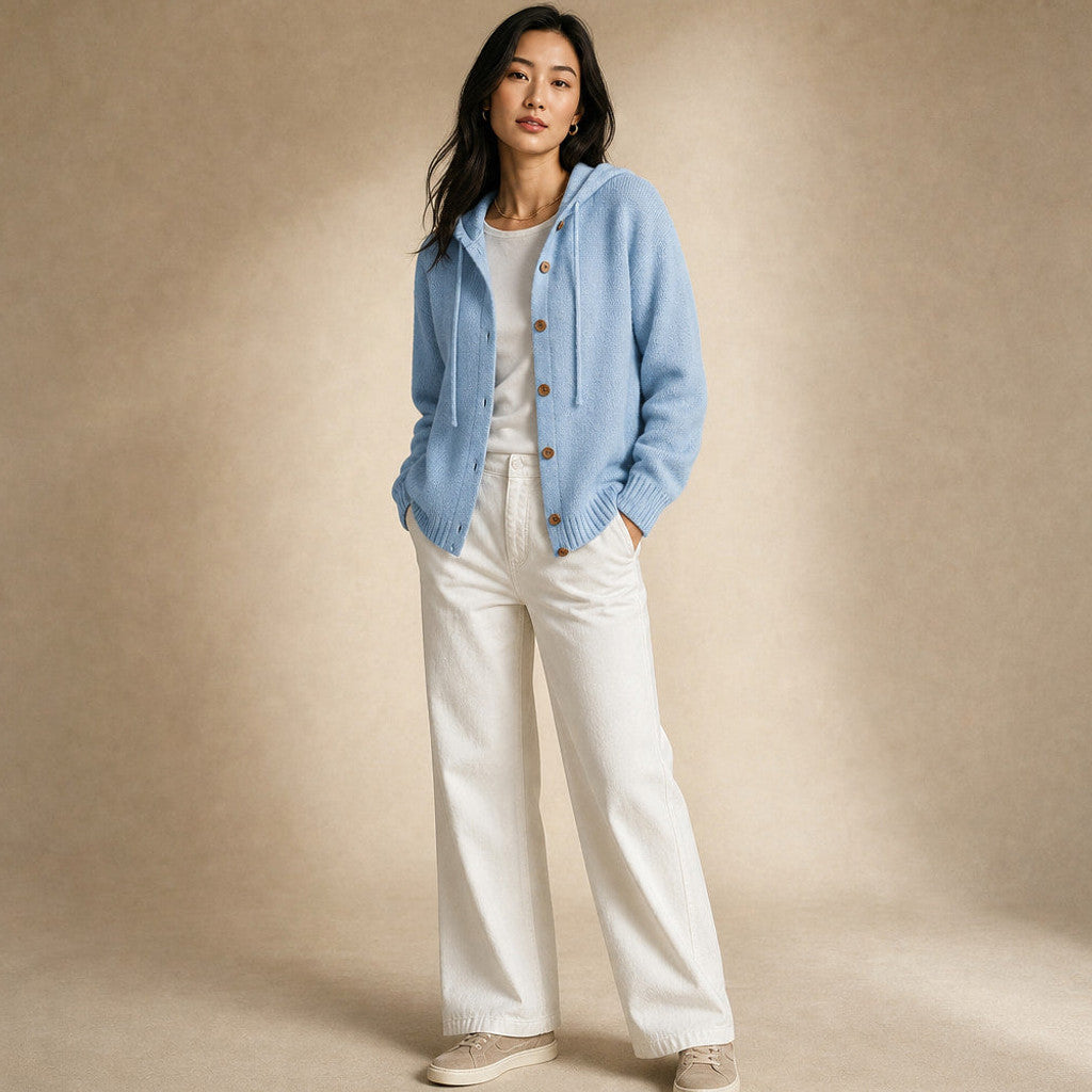 Nicoletta | Hooded Cardigan Drawcord Button-Front Blue – Side Angle View