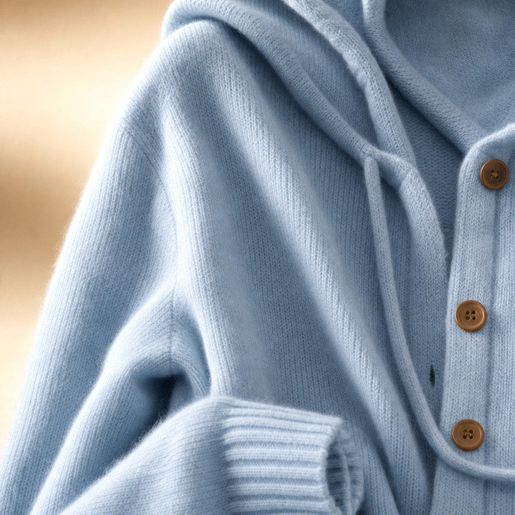 Nicoletta | Hooded Cardigan Drawcord Button-Front Blue – Fabric and Detail Close-Up
