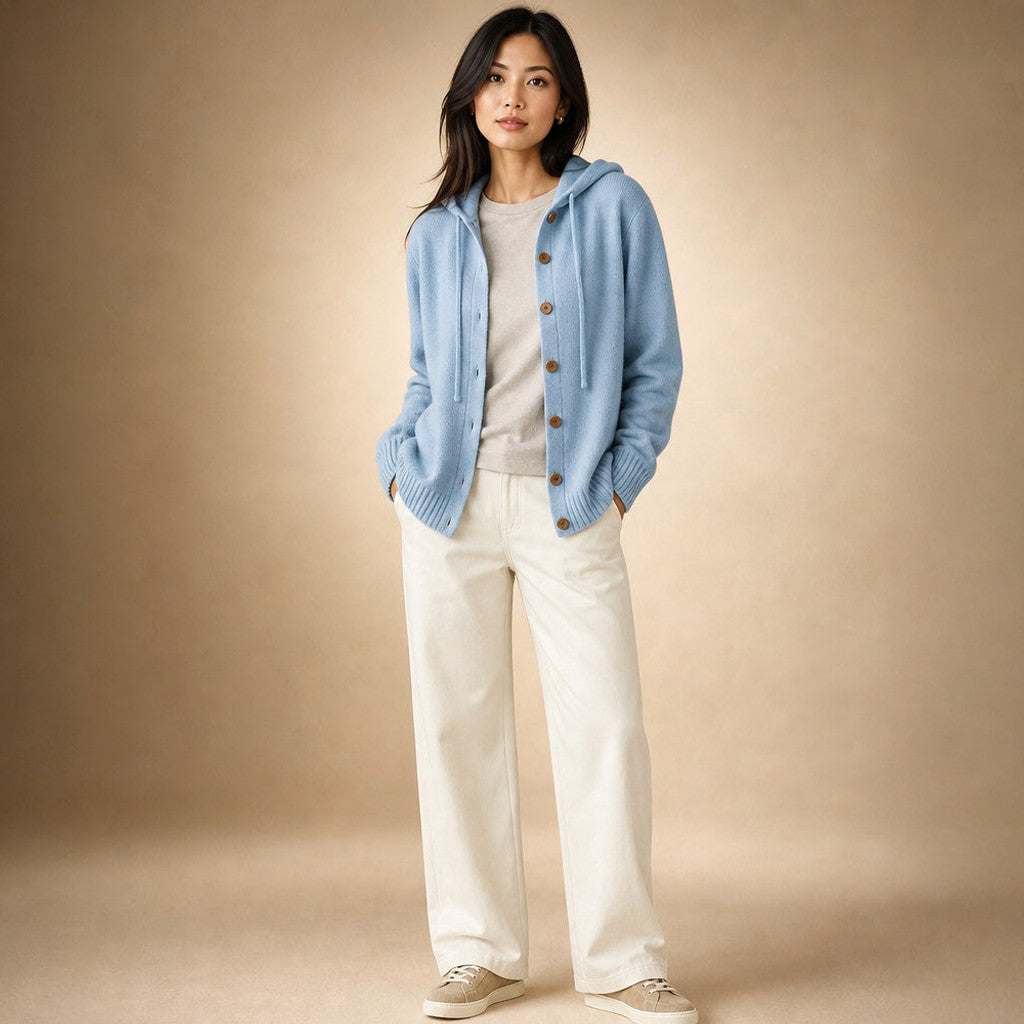 Nicoletta | Hooded Cardigan Drawcord Button-Front Blue – Full Look