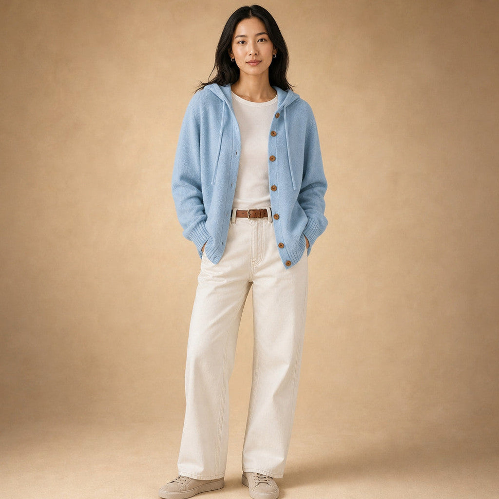 Nicoletta | Hooded Cardigan Drawcord Button-Front in Blue – Premium Editorial