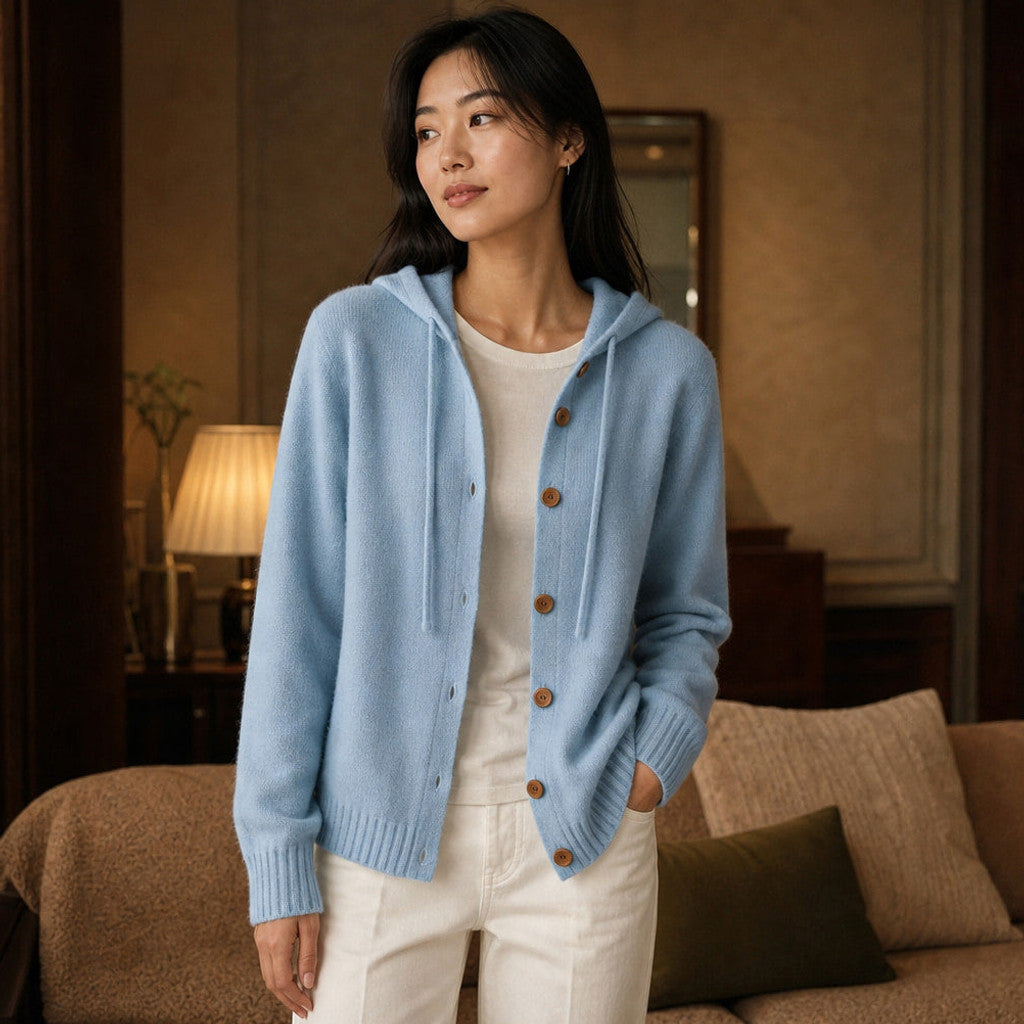 Nicoletta | Hooded Cardigan Drawcord Button-Front Blue – Styled Editorial Shot