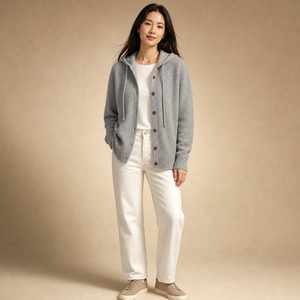 Nicoletta | Hooded Cardigan Drawcord Button-Front in Grey – Premium Editorial