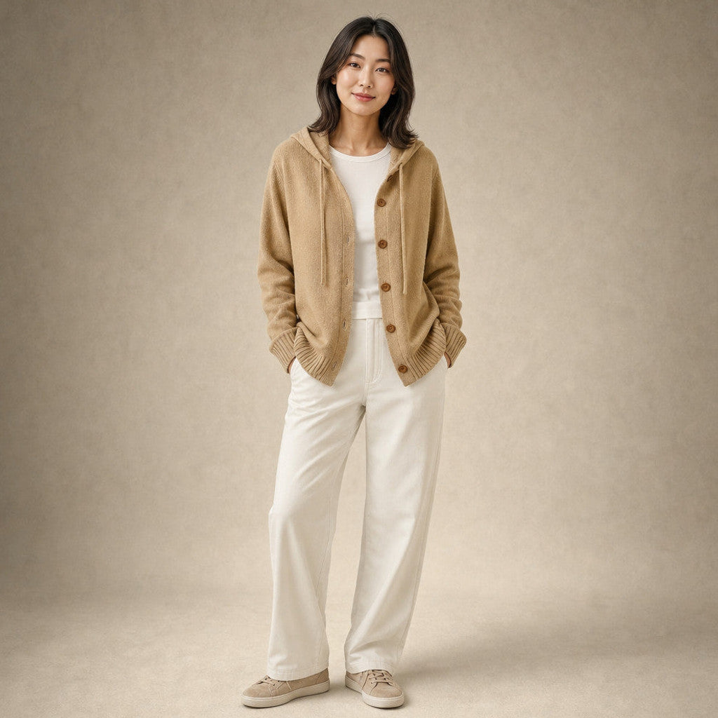 Nicoletta | Hooded Cardigan Drawcord Button-Front in Khaki – Premium Editorial