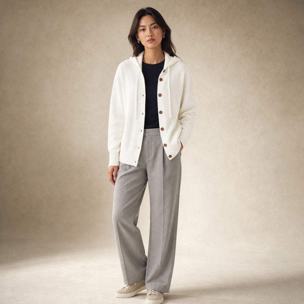 Nicoletta | Hooded Cardigan Drawcord Button-Front in White – Premium Editorial