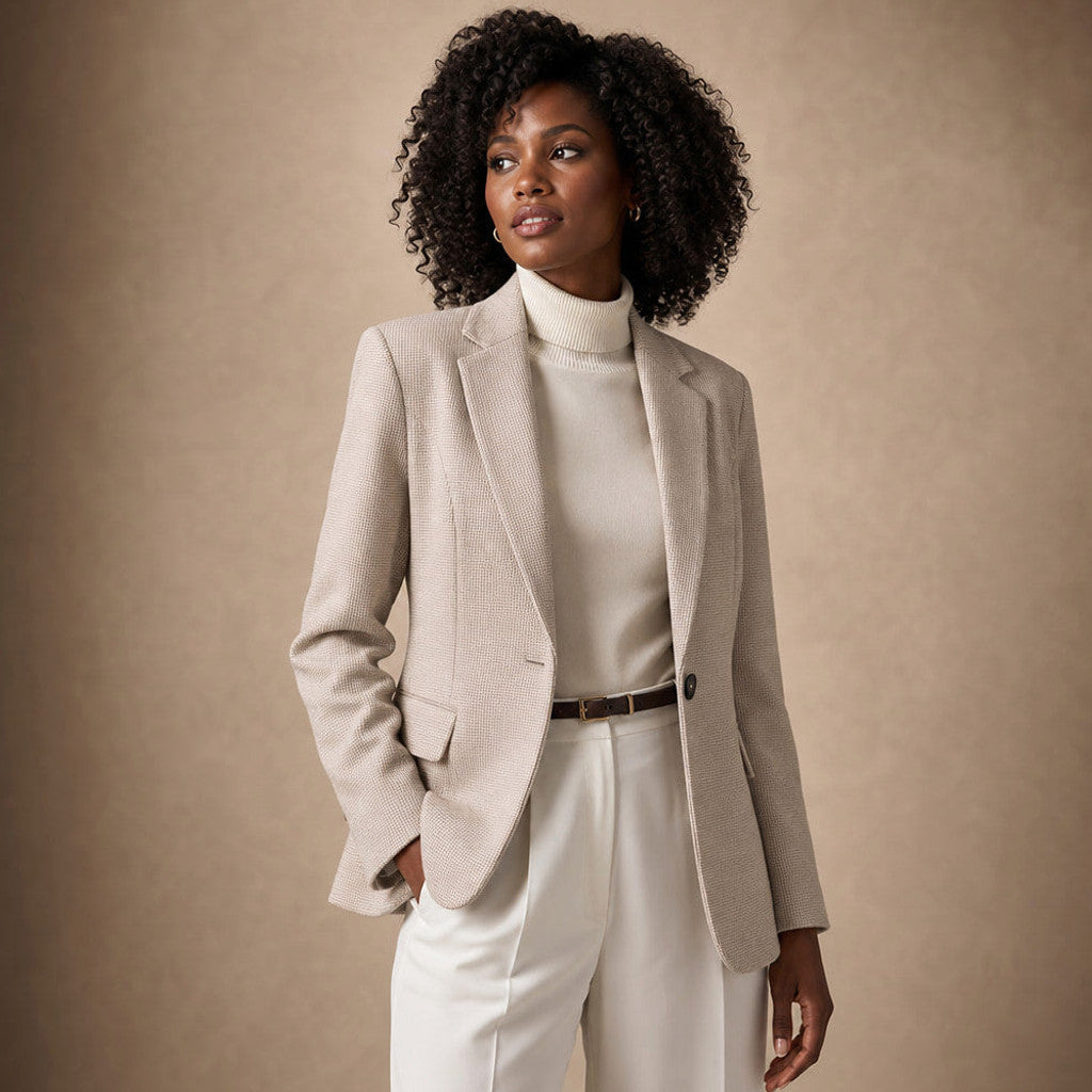 Norberta | Cropped Blazer Houndstooth Single-Button Apricot – Side Angle View