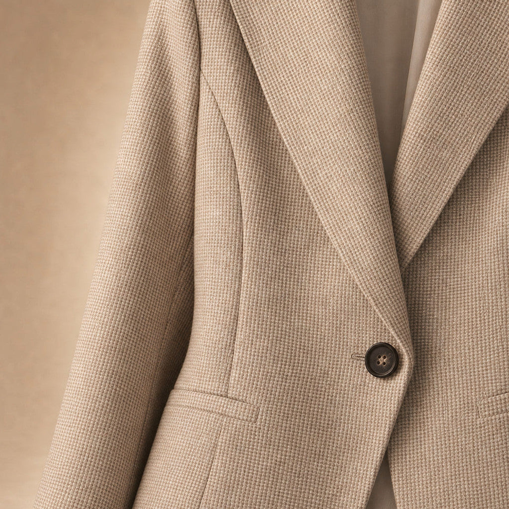 Norberta | Cropped Blazer Houndstooth Single-Button Apricot – Fabric and Detail Close-Up
