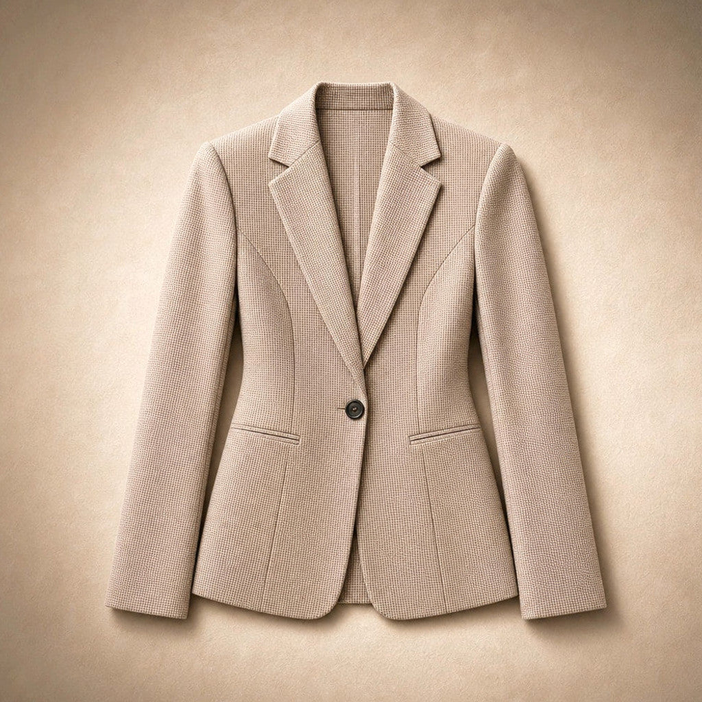 Norberta | Cropped Blazer Houndstooth Single-Button Apricot – Flat Lay Product Photo