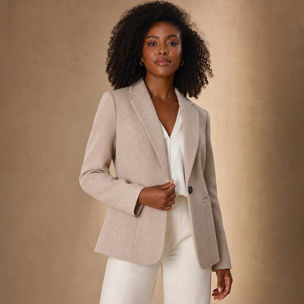 Norberta | Cropped Blazer Houndstooth Single-Button Apricot – Product Photo