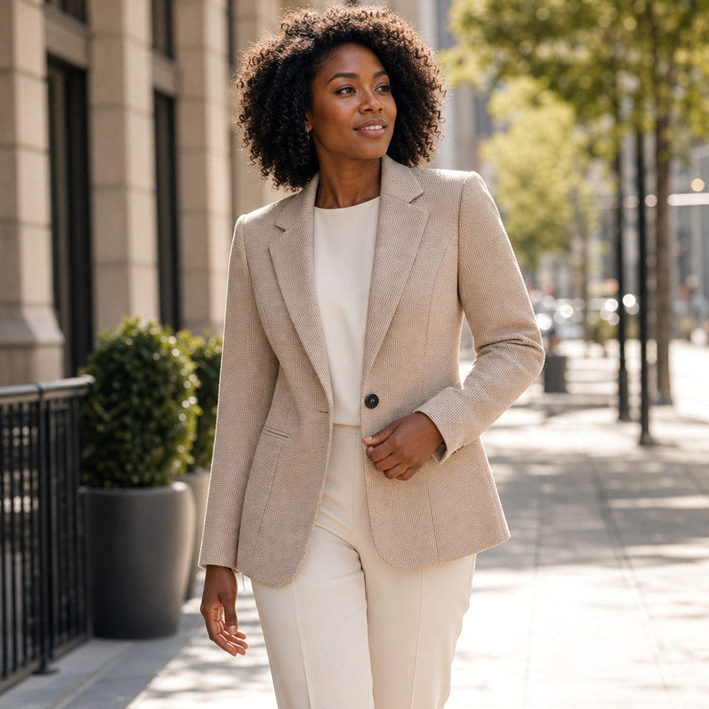 Norberta | Cropped Blazer Houndstooth Single-Button Apricot – Styled Editorial Shot