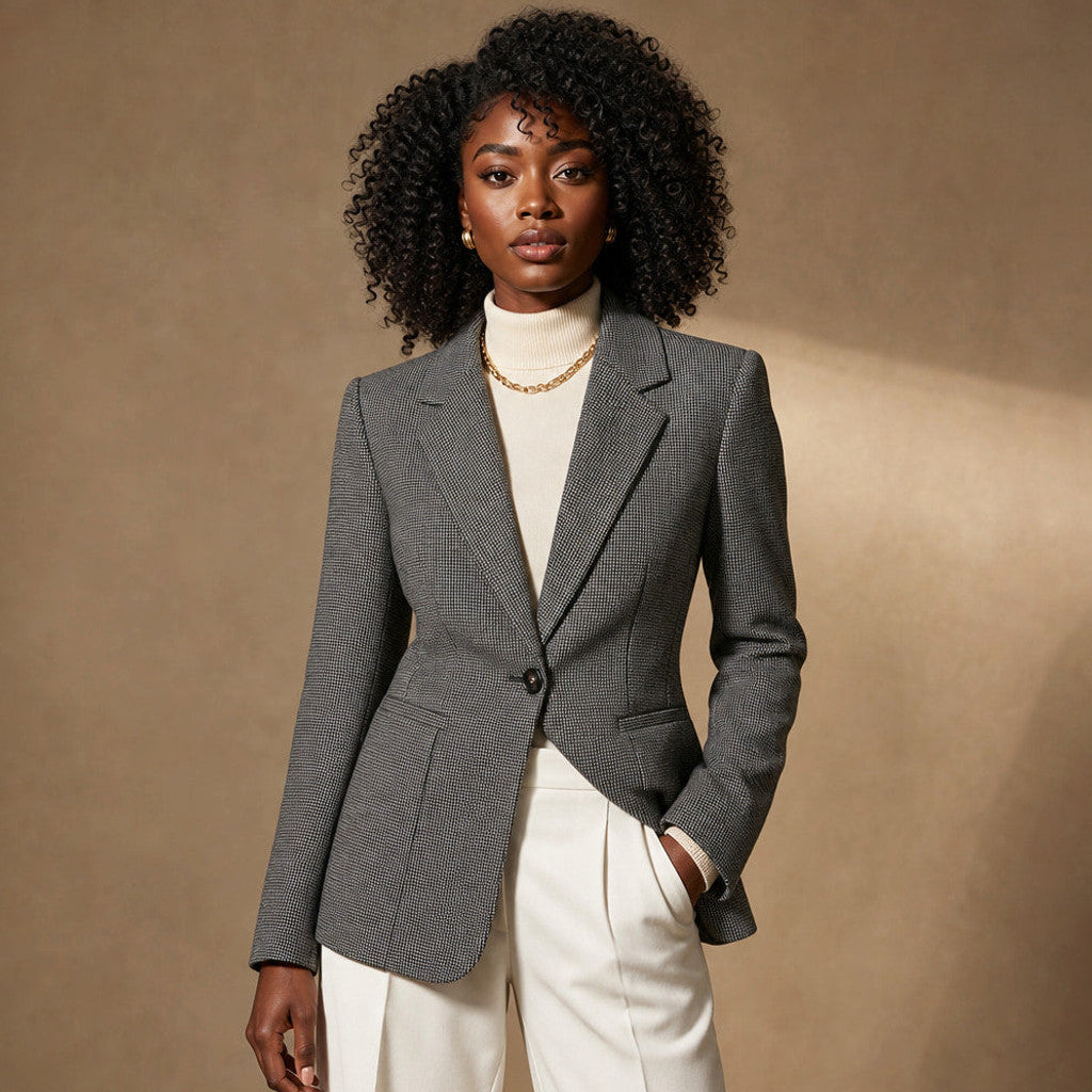 Norberta | Cropped Blazer Houndstooth Single-Button in Dark Grey – Premium Editorial