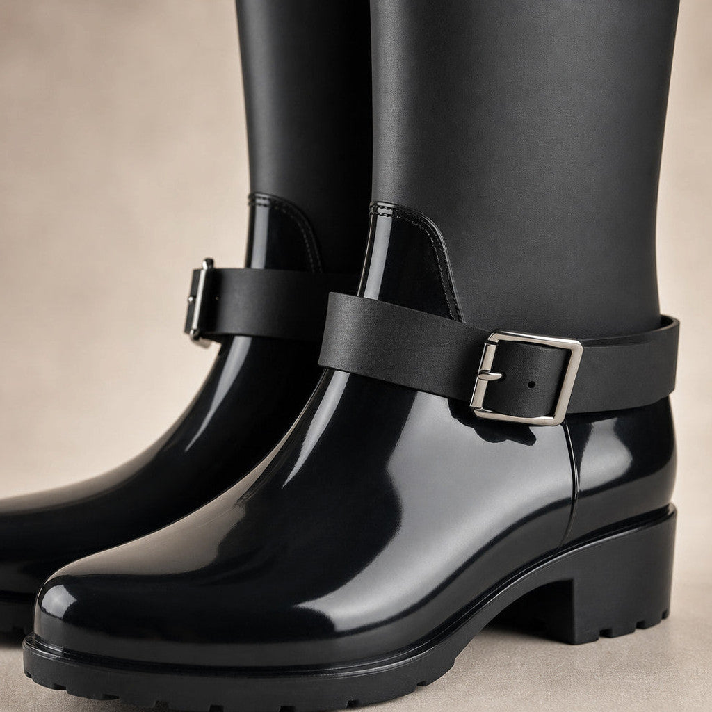 Ondine | Knee High Boots Buckle Detail Black – Fabric and Detail Close-Up