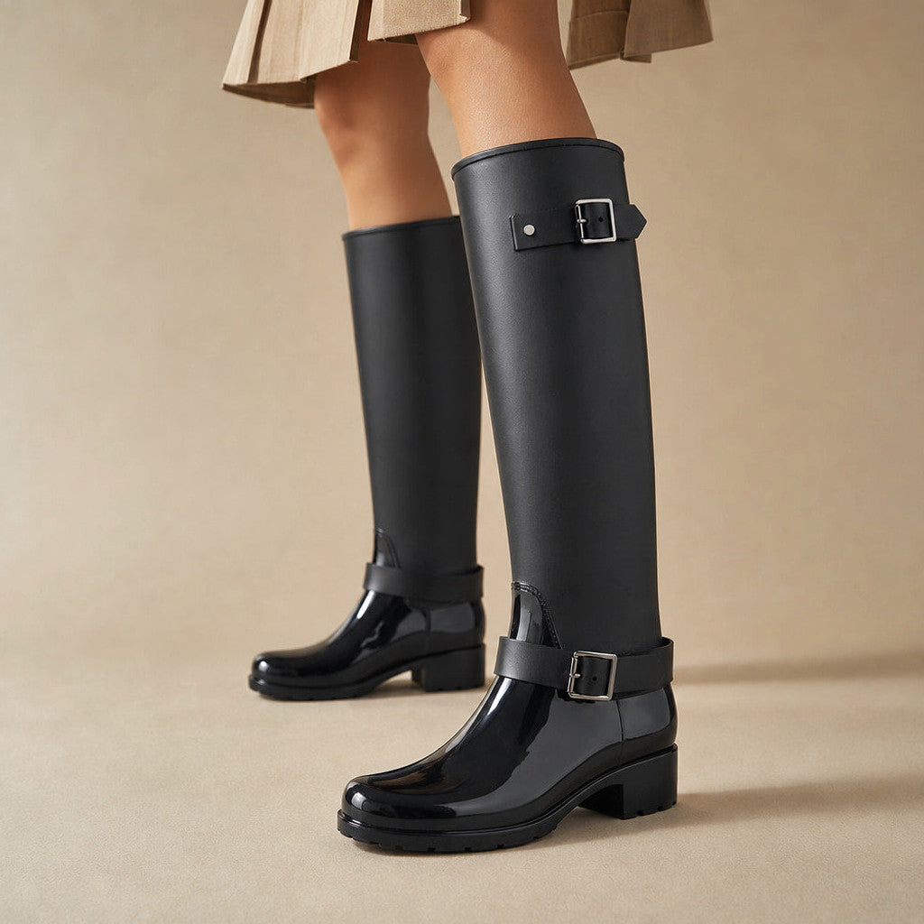 Ondine | Knee High Boots Buckle Detail in Black – Premium Editorial