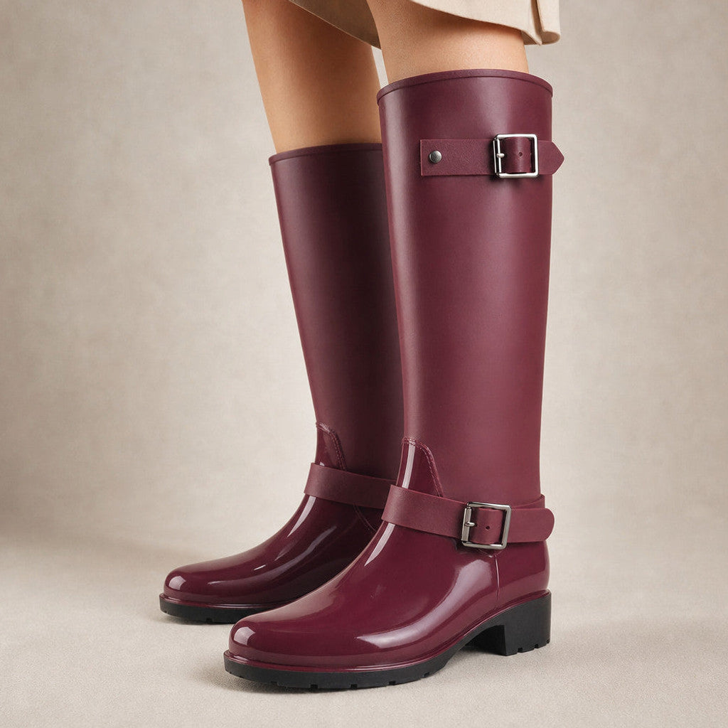 Ondine | Knee High Boots Buckle Detail Dark Red – Product Photo