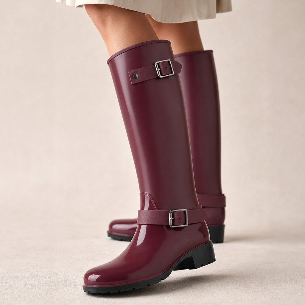 Ondine | Knee High Boots Buckle Detail in Dark Red – Premium Editorial