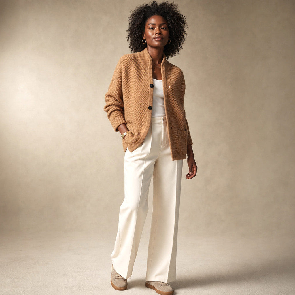 Orsola | Open-Front Cardigan Soft Knit Camel – Side Angle View