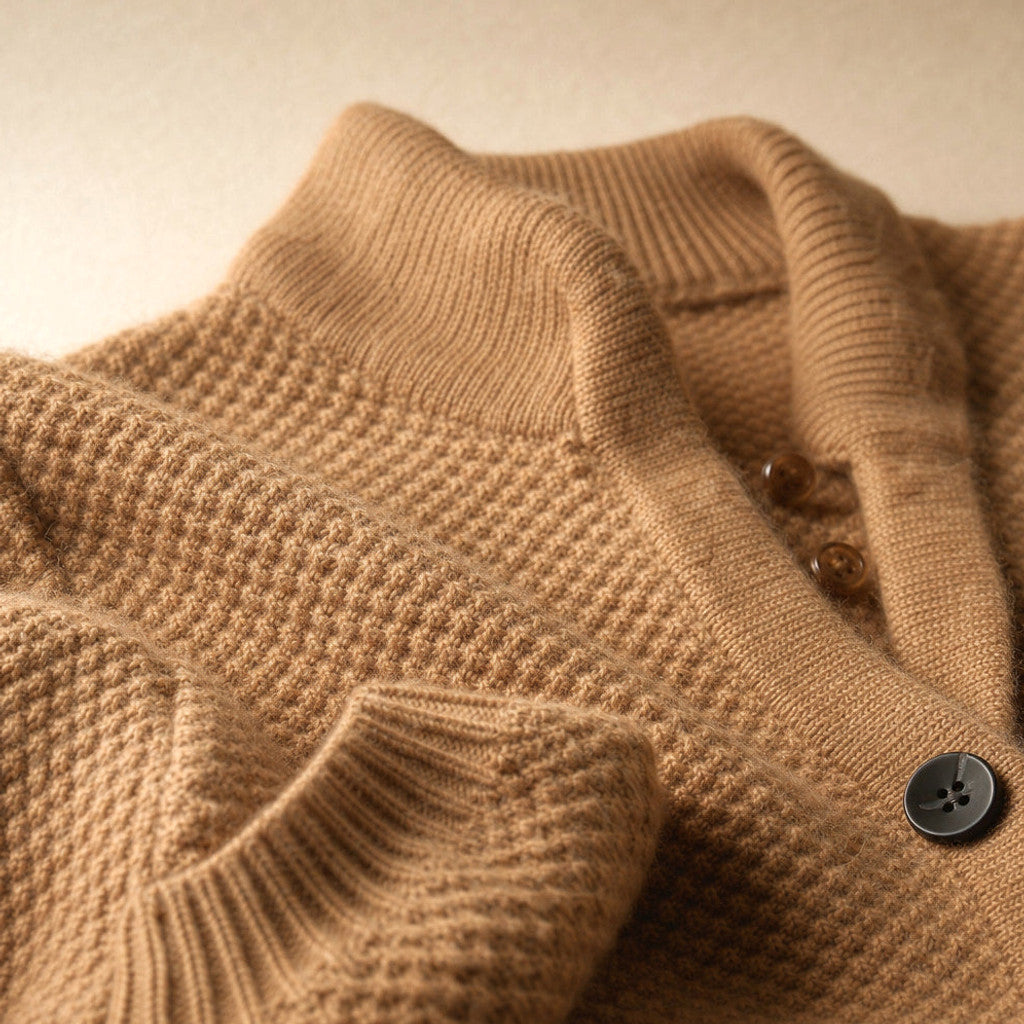 Orsola | Open-Front Cardigan Soft Knit Camel – Fabric and Detail Close-Up