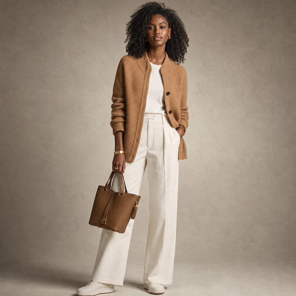 Orsola | Open-Front Cardigan Soft Knit Camel – Full Look