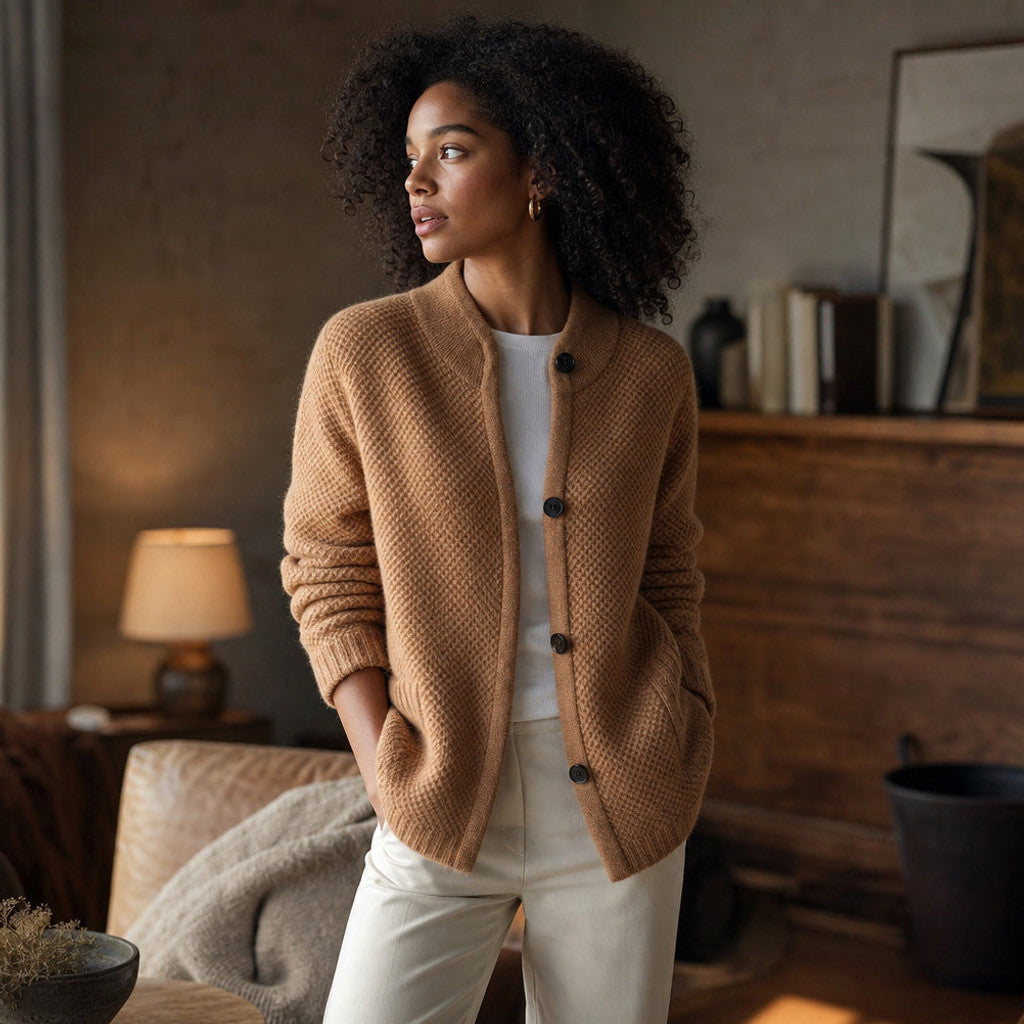 Orsola | Open-Front Cardigan Soft Knit Camel – Styled Editorial Shot