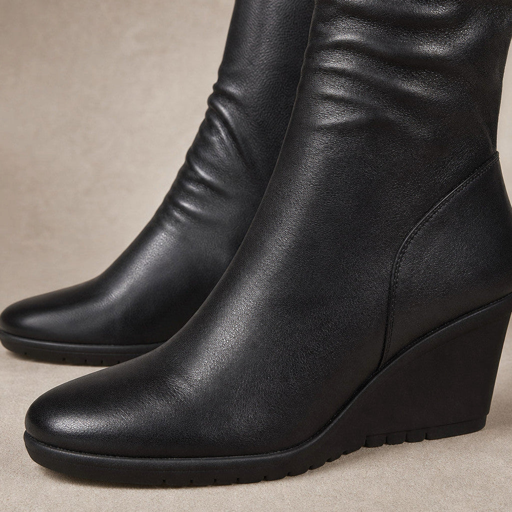 Philena | Wedge Chelsea Boots Mid-Calf Black Black – Fabric and Detail Close-Up