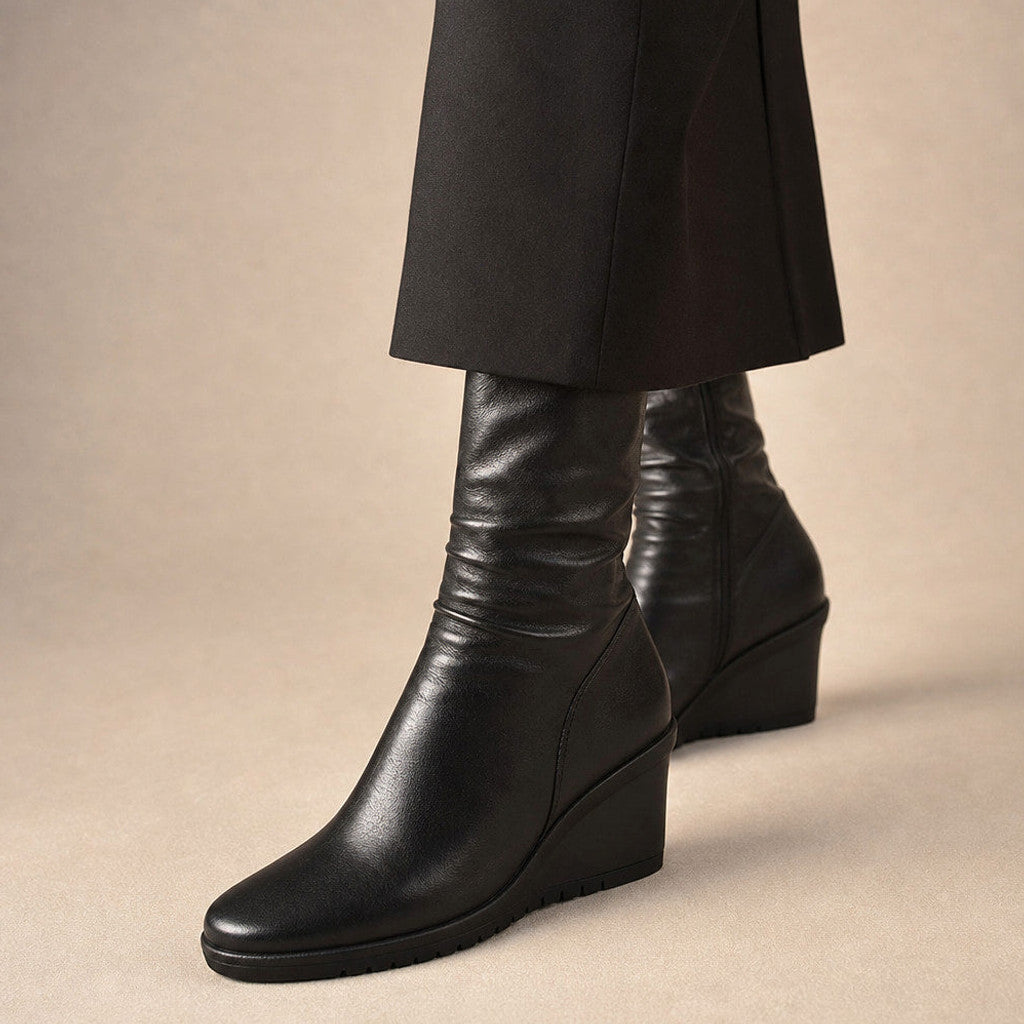 Philena | Wedge Chelsea Boots Mid-Calf Black in Black – Premium Editorial