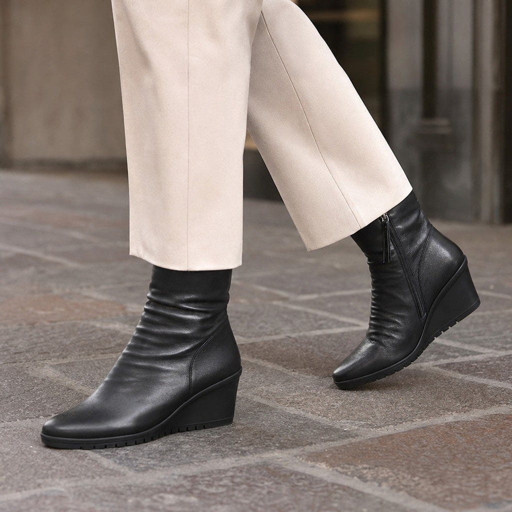 Philena | Wedge Chelsea Boots Mid-Calf Black Black – Styled Editorial Shot
