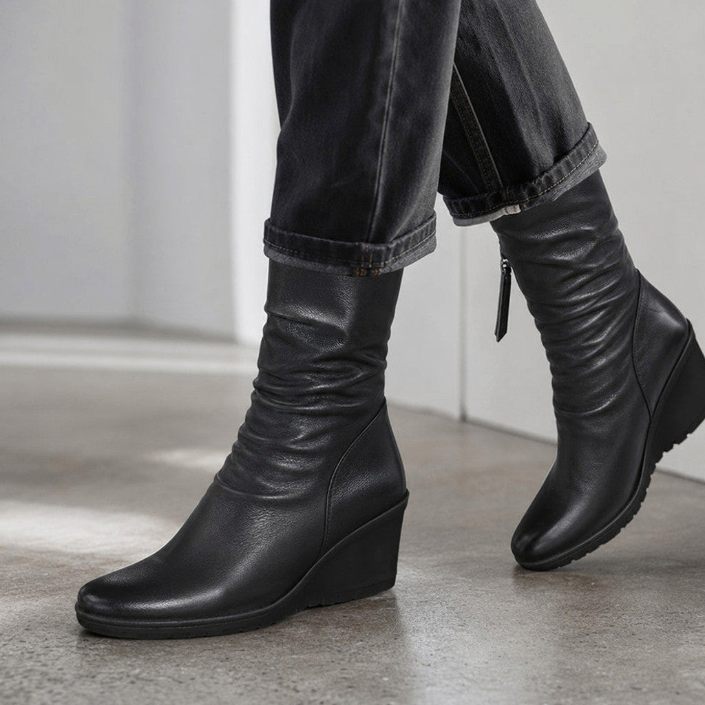 Philena | Wedge Chelsea Boots Mid-Calf Black – Styled Editorial Shot