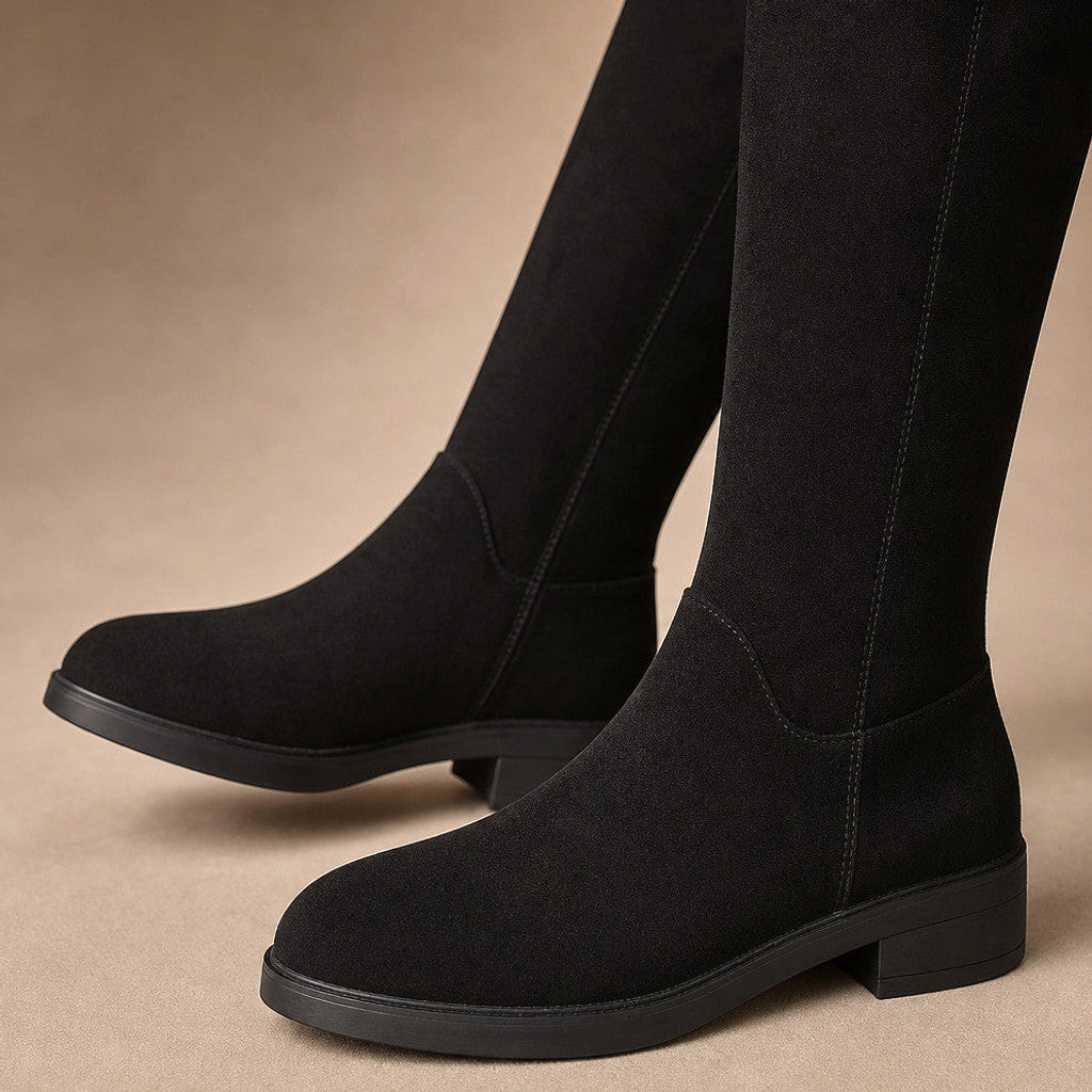 Philipa | Suede Knee High Boots with Gold Button Detail Black – Fabric and Detail Close-Up