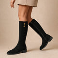 Philipa | Suede Knee High Boots with Gold Button Detail Black – Product Photo