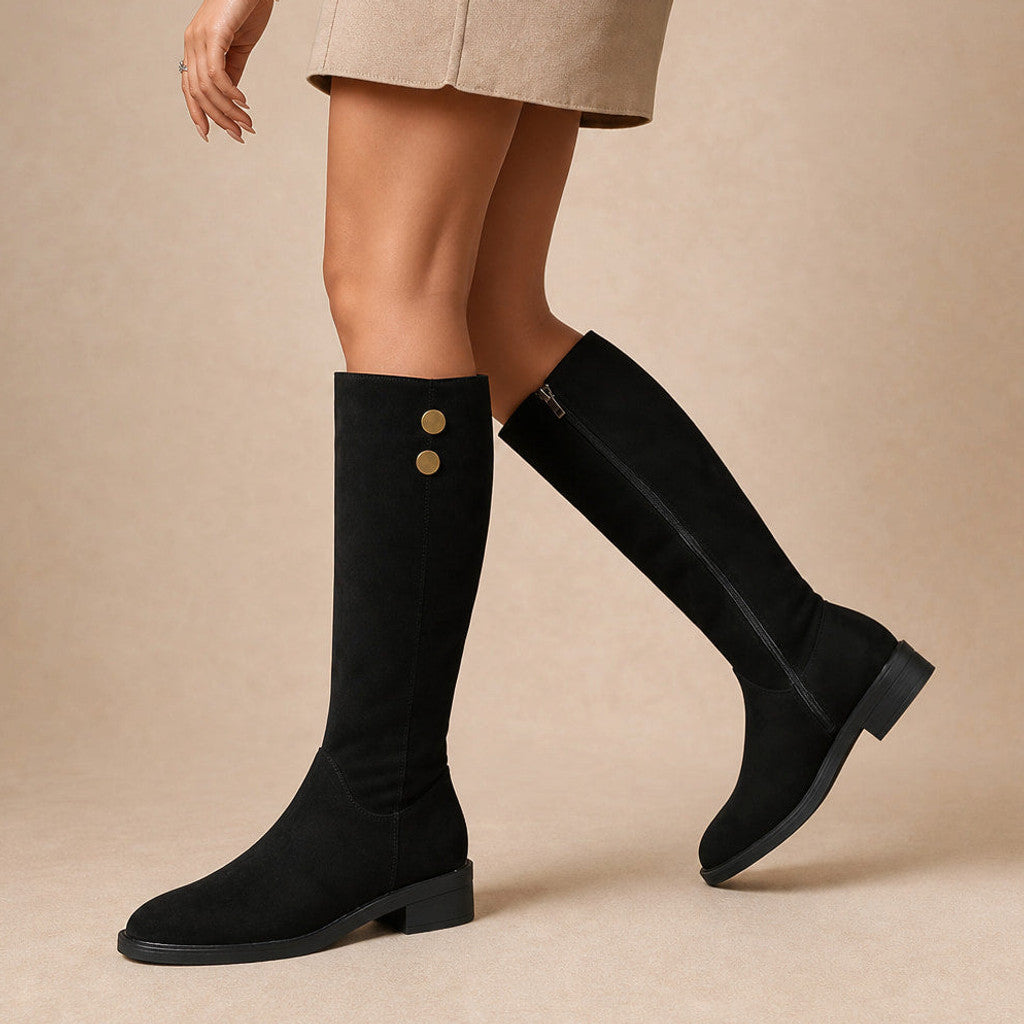 Philipa | Suede Knee High Boots with Gold Button Detail Black – Product Photo