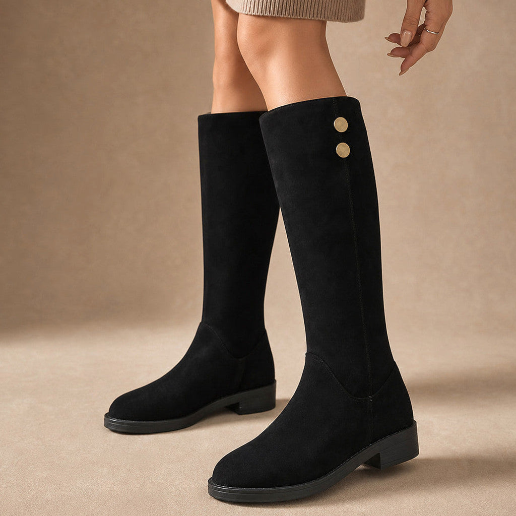 Philipa | Suede Knee High Boots with Gold Button Detail in Black – Premium Editorial