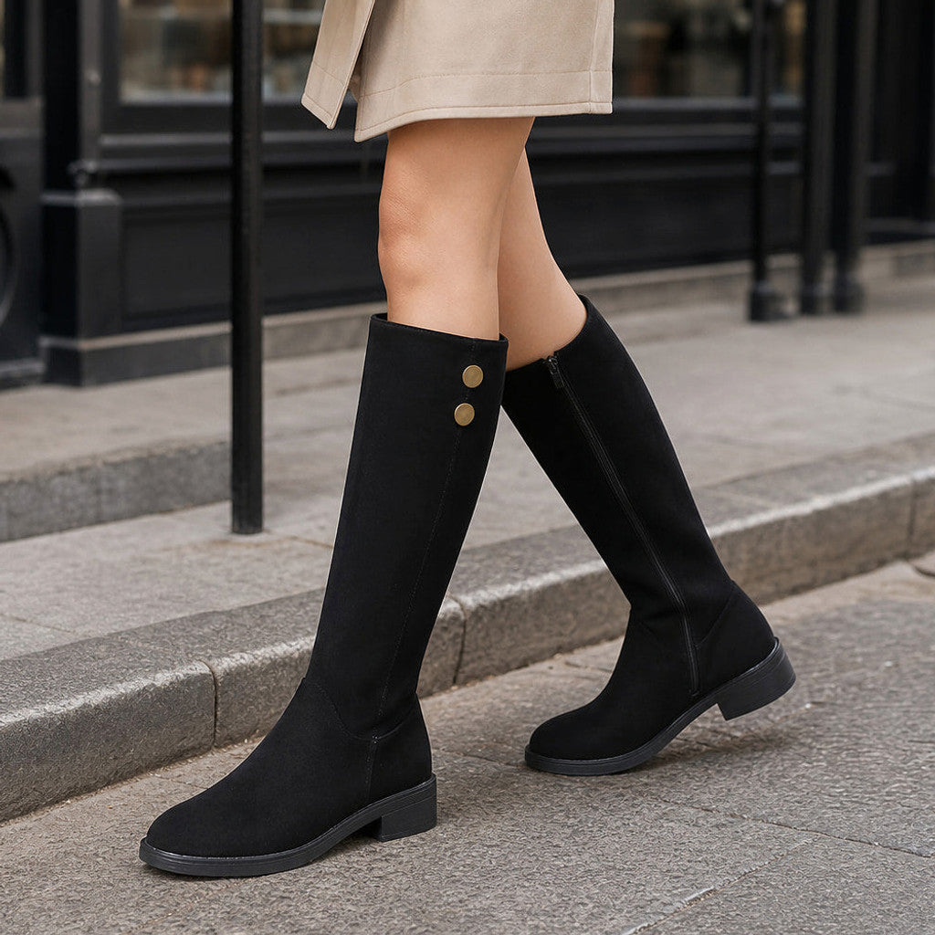 Philipa | Suede Knee High Boots with Gold Button Detail Black – Styled Editorial Shot