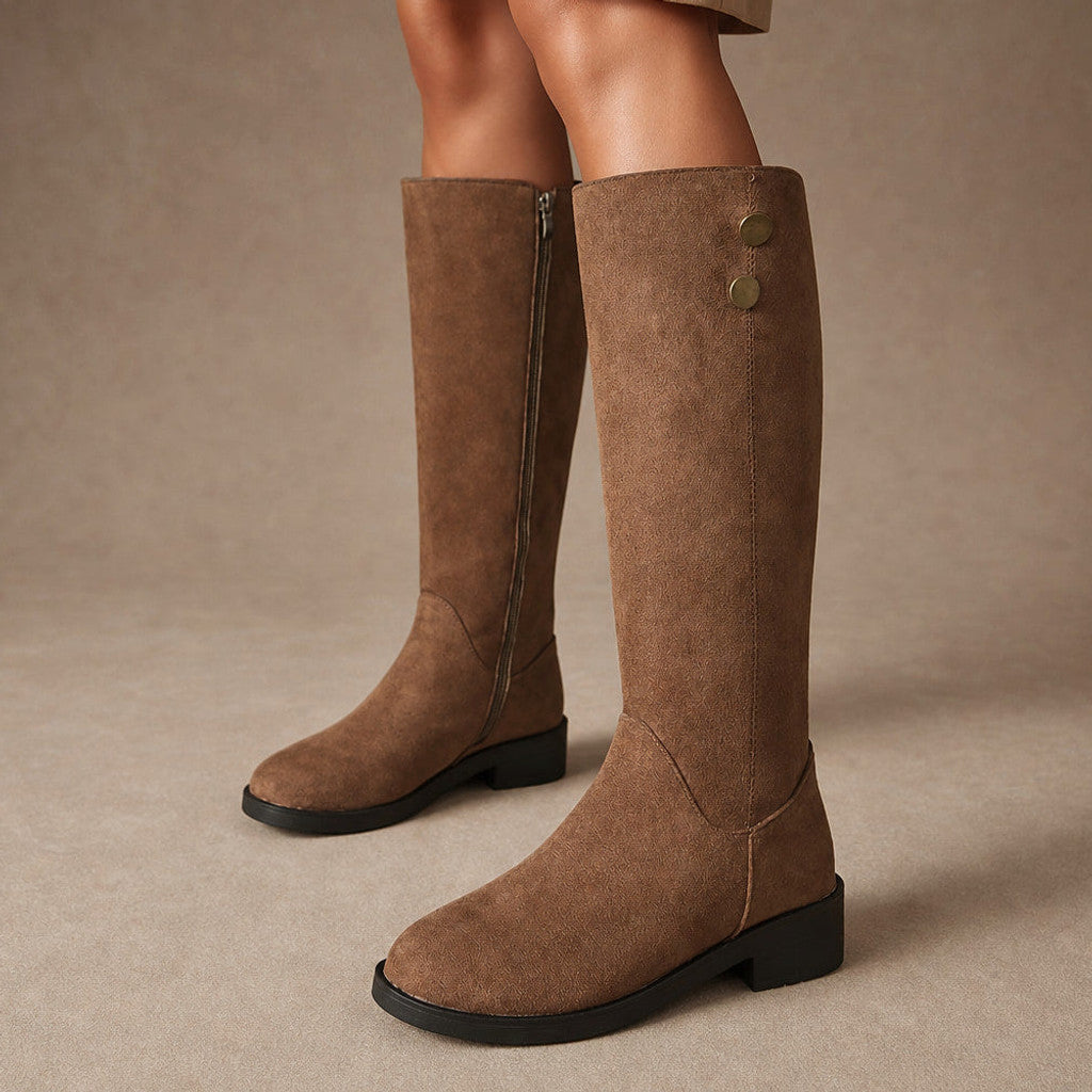 Philipa | Suede Knee High Boots with Gold Button Detail Brown – Product Photo