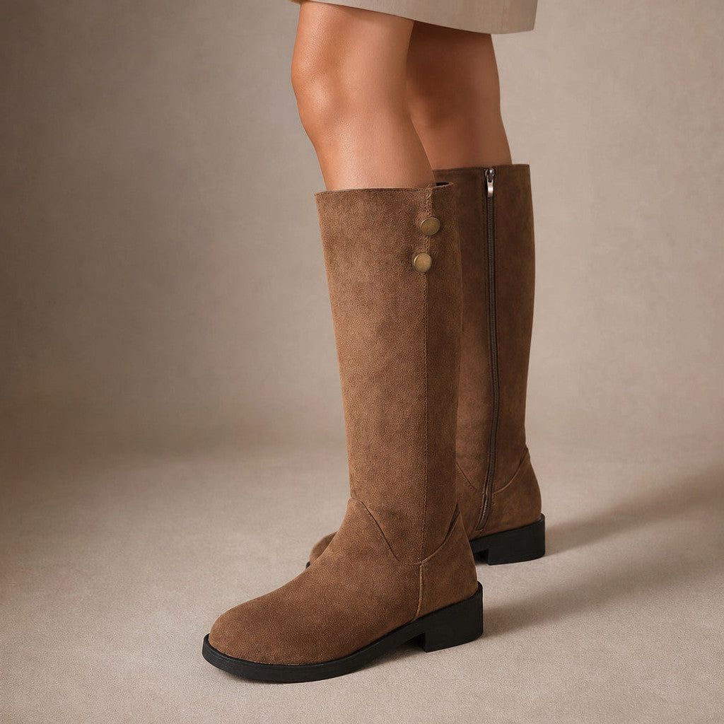 Philipa | Suede Knee High Boots with Gold Button Detail in Brown – Premium Editorial