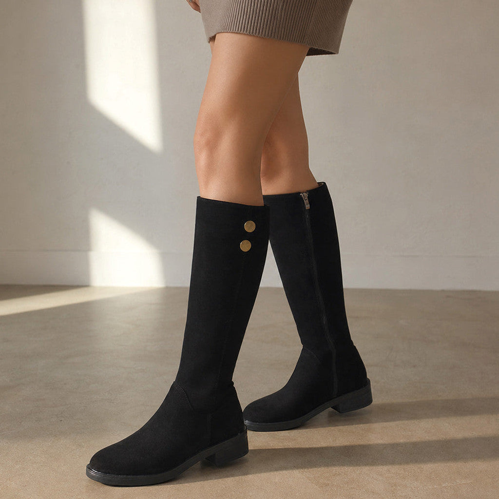 Philipa | Suede Knee High Boots with Gold Button Detail – Styled Editorial Shot