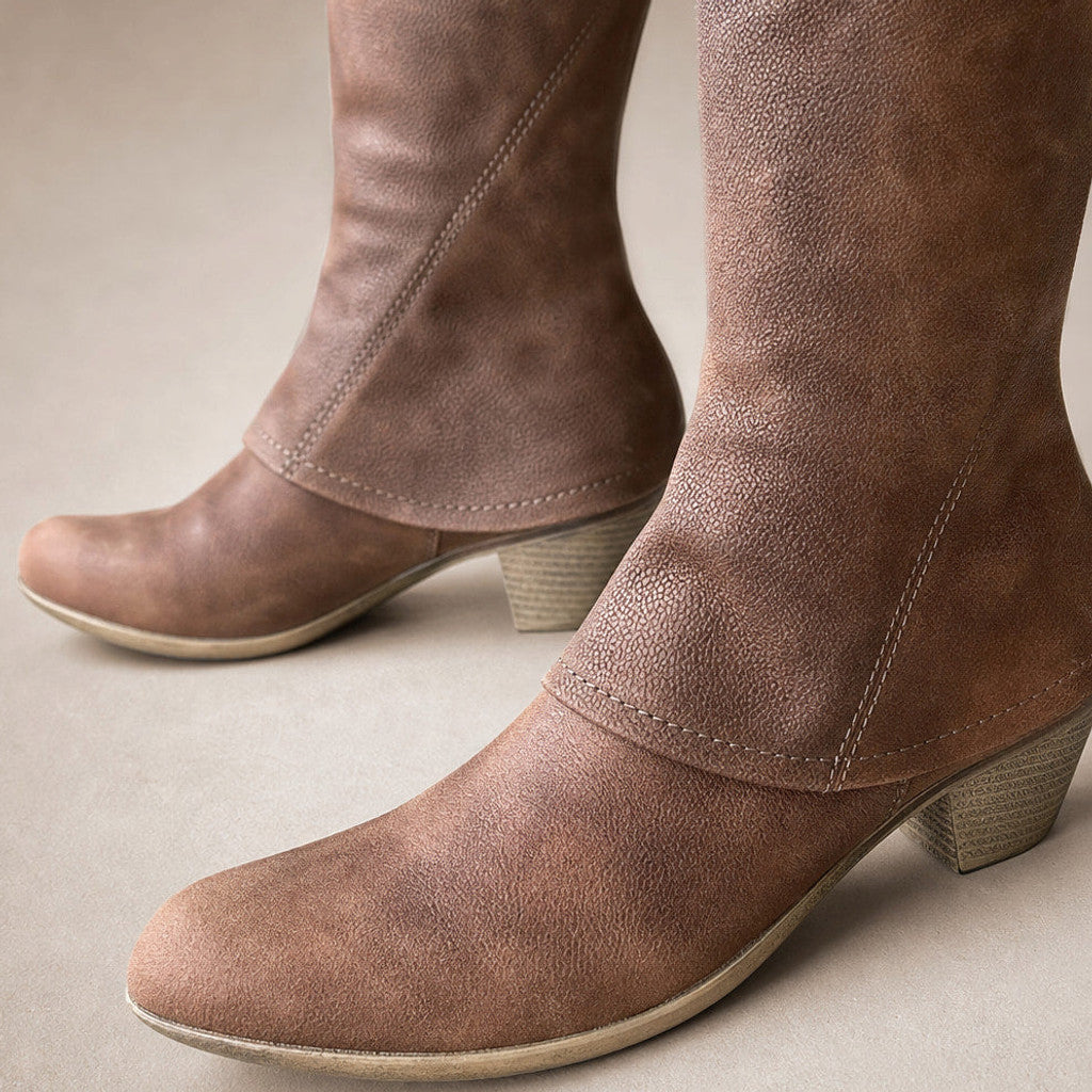 Raffaella | Mid-Calf Boots Stacked Heel Brown Brown – Fabric and Detail Close-Up