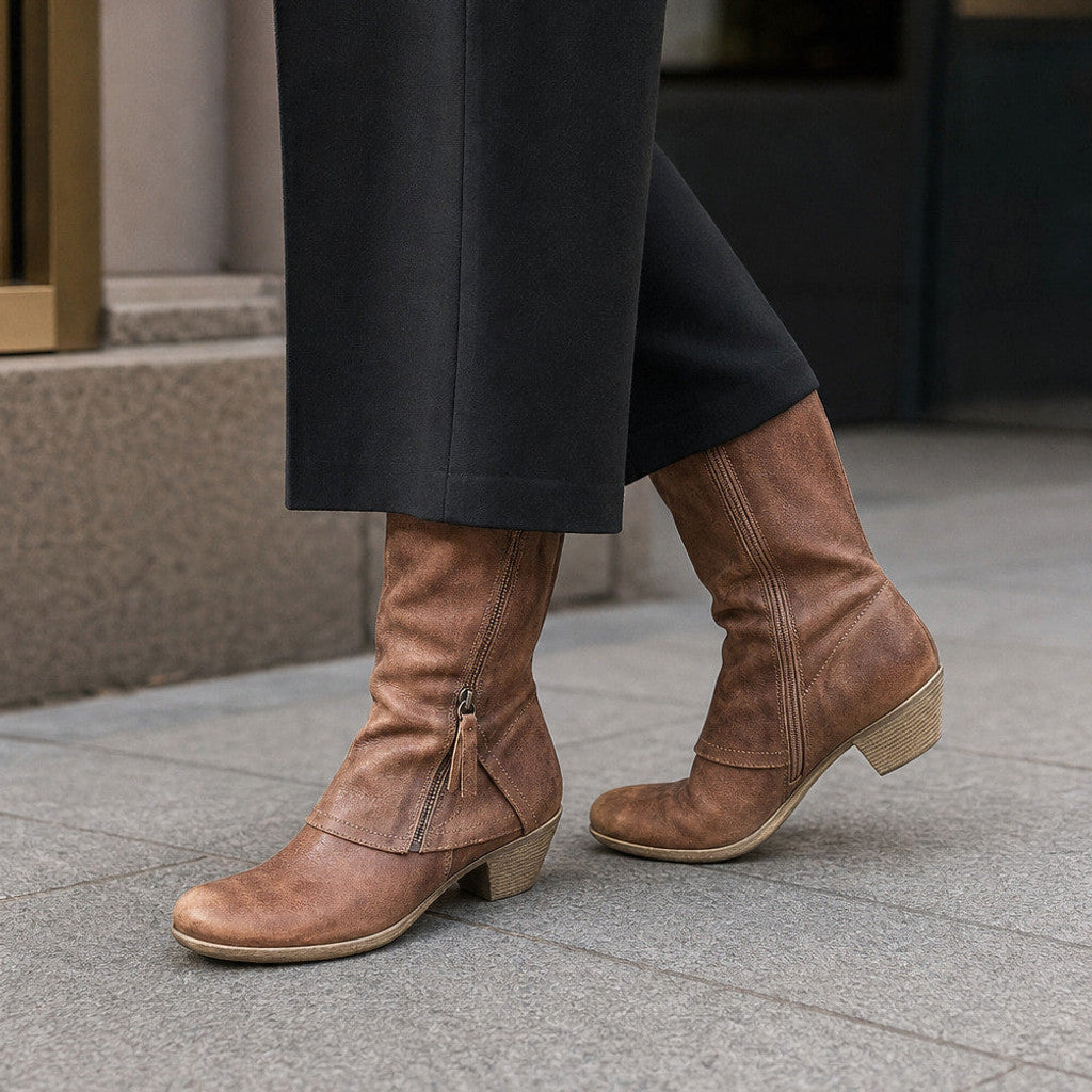 Raffaella | Mid-Calf Boots Stacked Heel Brown Brown – Styled Editorial Shot