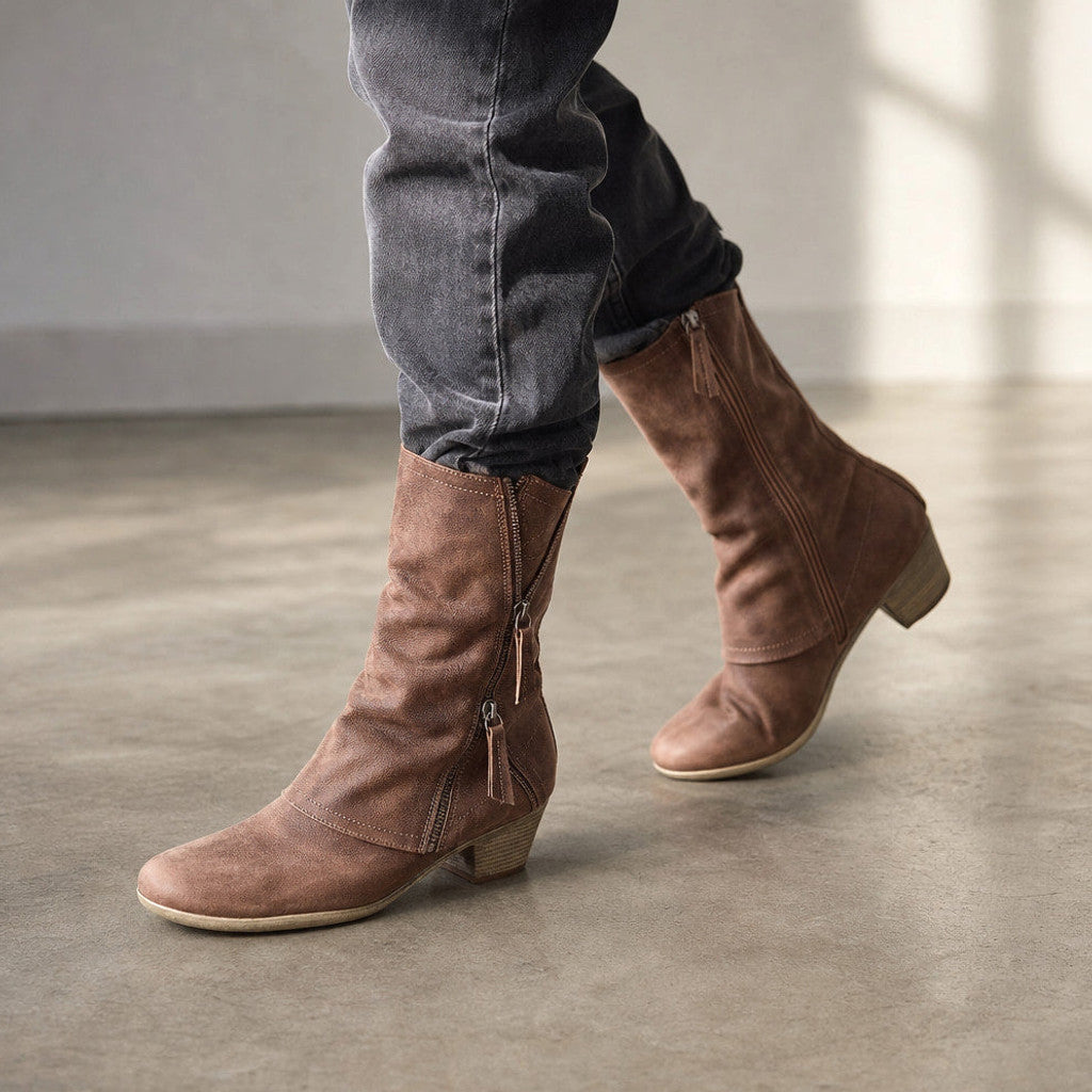 Raffaella | Mid-Calf Boots Stacked Heel Brown – Styled Editorial Shot