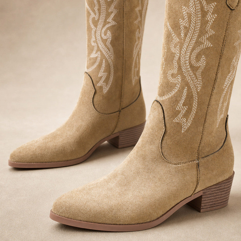 Raphaela | Cowboy Boots Wide Calf Tonal Embroidery Beige – Fabric and Detail Close-Up