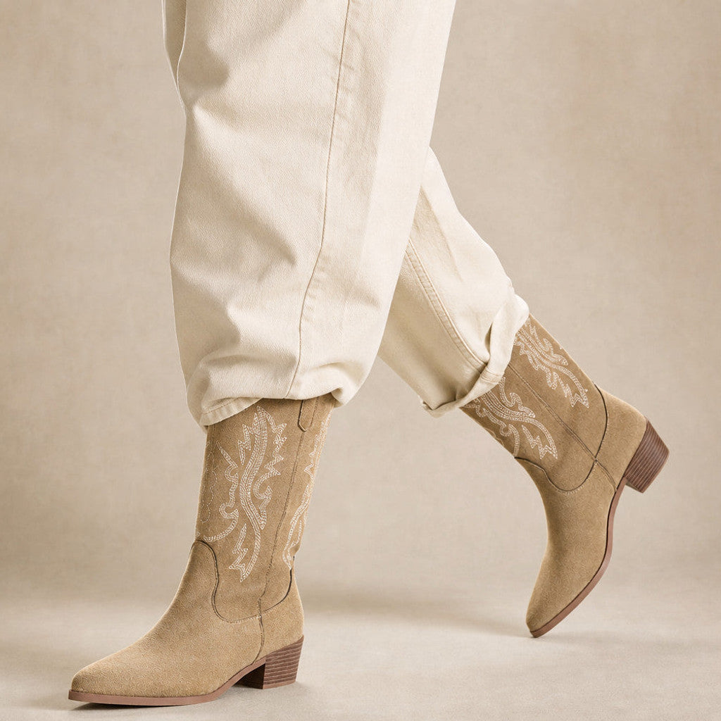 Raphaela | Cowboy Boots Wide Calf Tonal Embroidery Beige – Product Photo