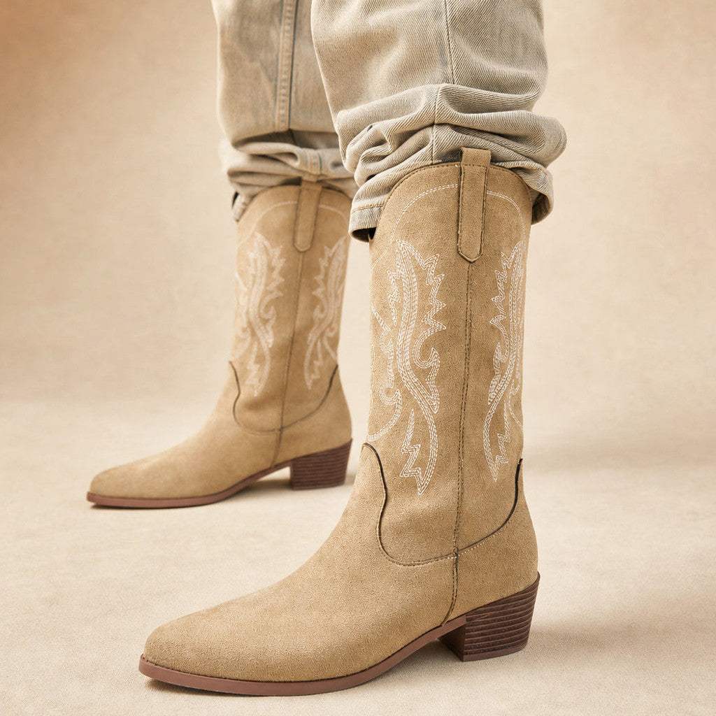 Raphaela | Cowboy Boots Wide Calf Tonal Embroidery in Beige – Premium Editorial