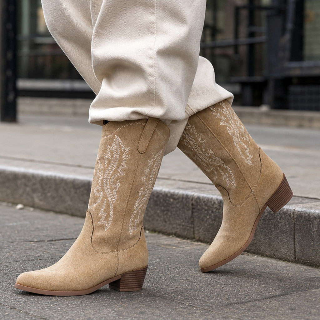 Raphaela | Cowboy Boots Wide Calf Tonal Embroidery Beige – Styled Editorial Shot