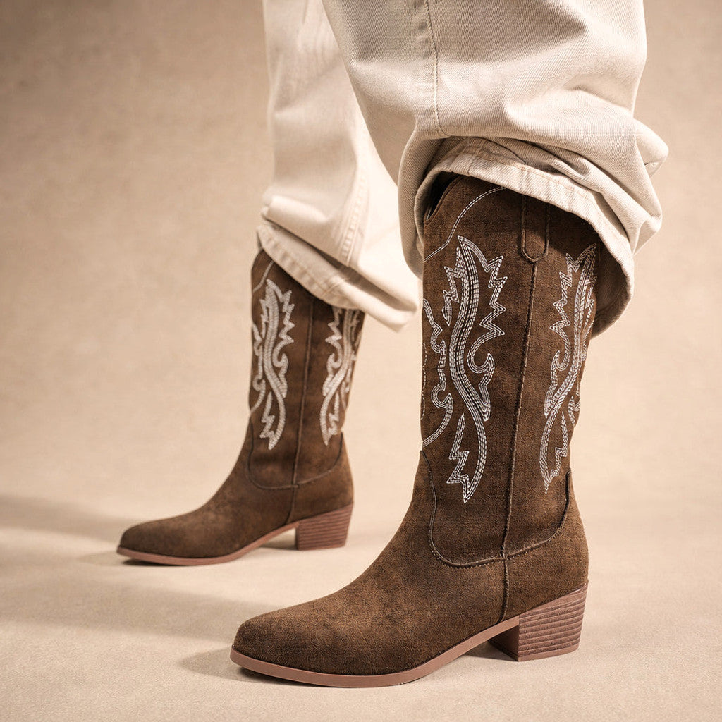 Raphaela | Cowboy Boots Wide Calf Tonal Embroidery Brown – Product Photo