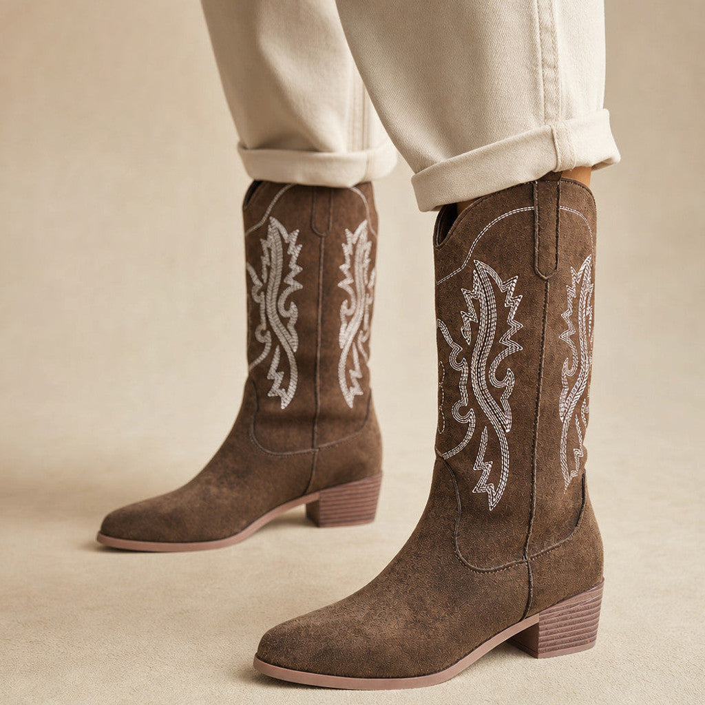 Raphaela | Cowboy Boots Wide Calf Tonal Embroidery in Brown – Premium Editorial