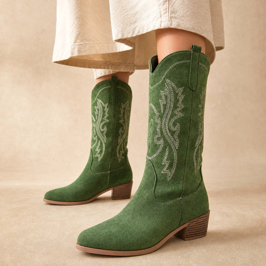 Raphaela | Cowboy Boots Wide Calf Tonal Embroidery Green – Product Photo