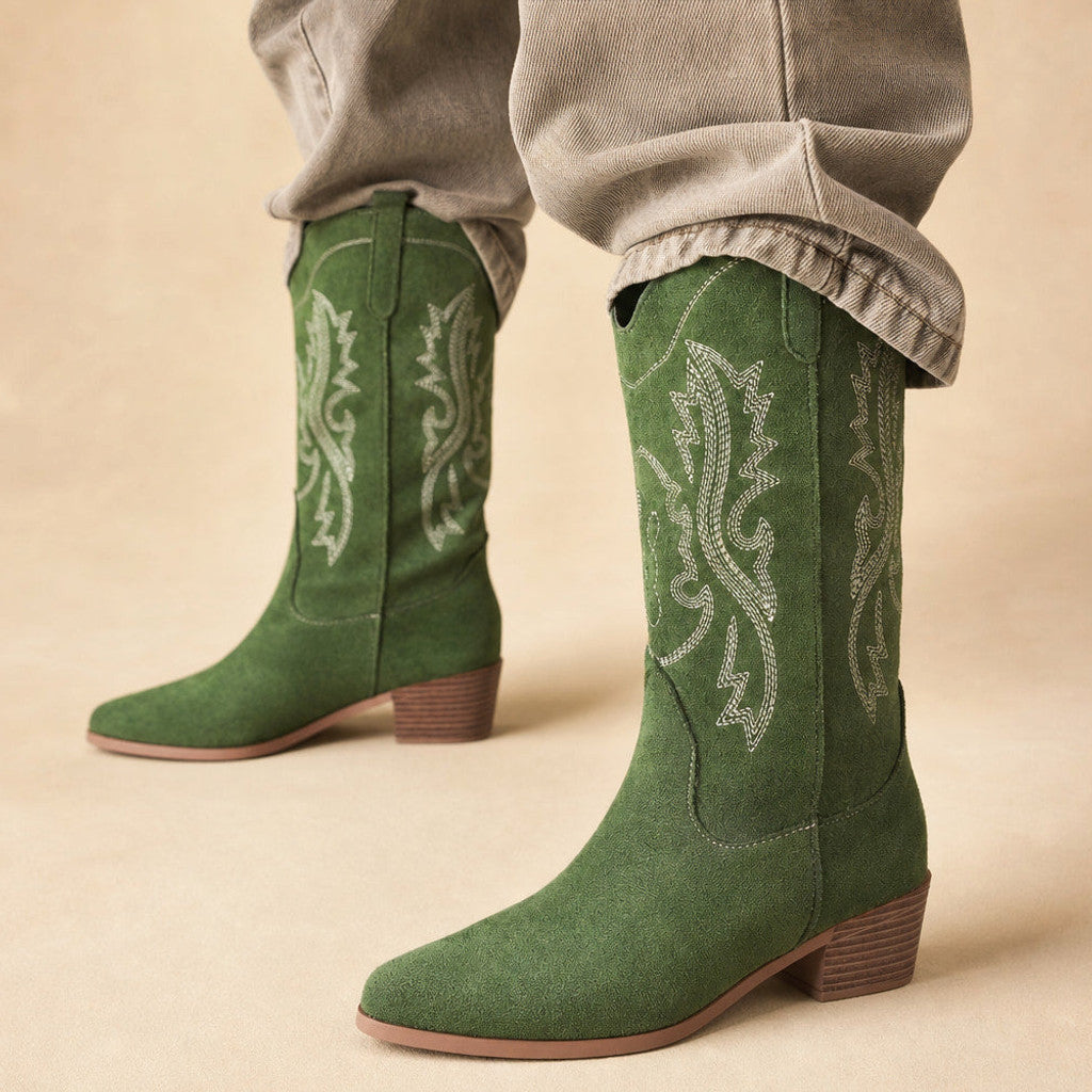Raphaela | Cowboy Boots Wide Calf Tonal Embroidery in Green – Premium Editorial
