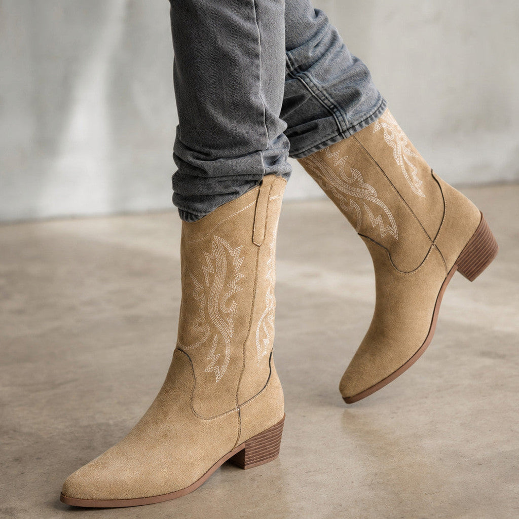 Raphaela | Cowboy Boots Wide Calf Tonal Embroidery – Styled Editorial Shot